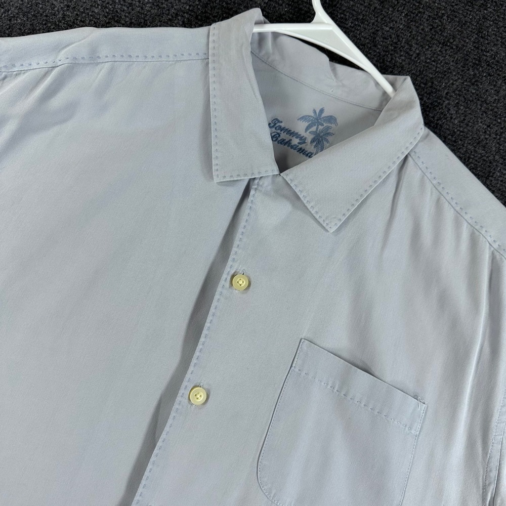 Tommy Bahama Mens XL Silk Short Sleeve Button Down Shirt Light Blue Grey Camp